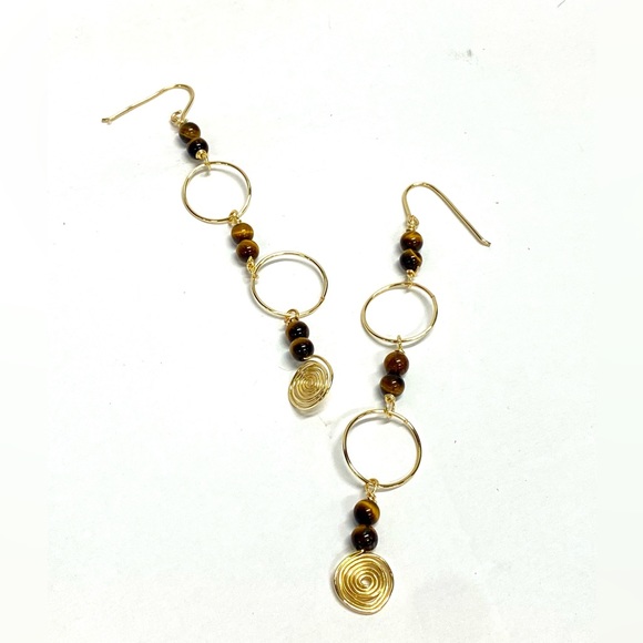 HANDMADE Shoulder Duster Statement Tiger’s Eye Bead Earrings - Picture 5 of 10